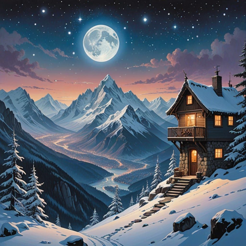 Winter Mountain Landscape Under Ethereal Moonlight