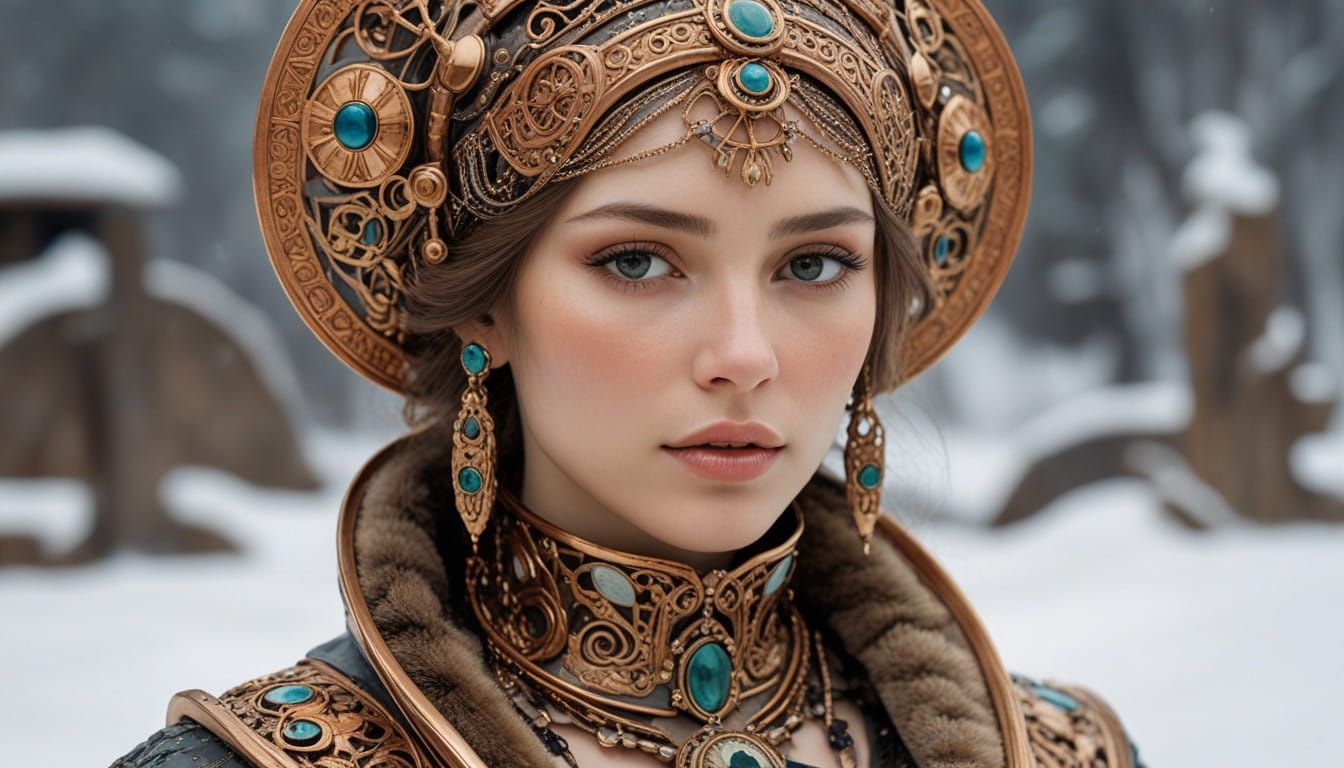 Primordial Goddess in Worn Copper and Brass Steampunk Armor