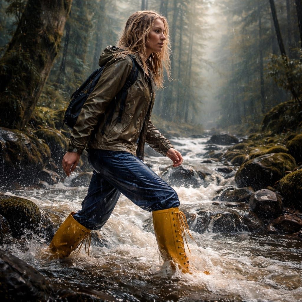 Woman Wades Through Forest Stream in Detailed Digital Painti...