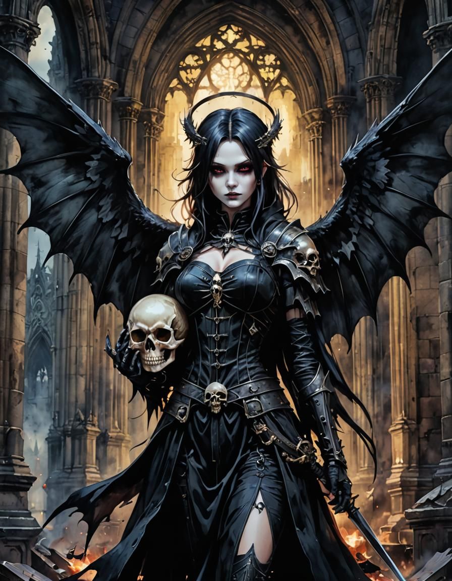 Dark Goth Angel with Skull, Cel-Shaded Style