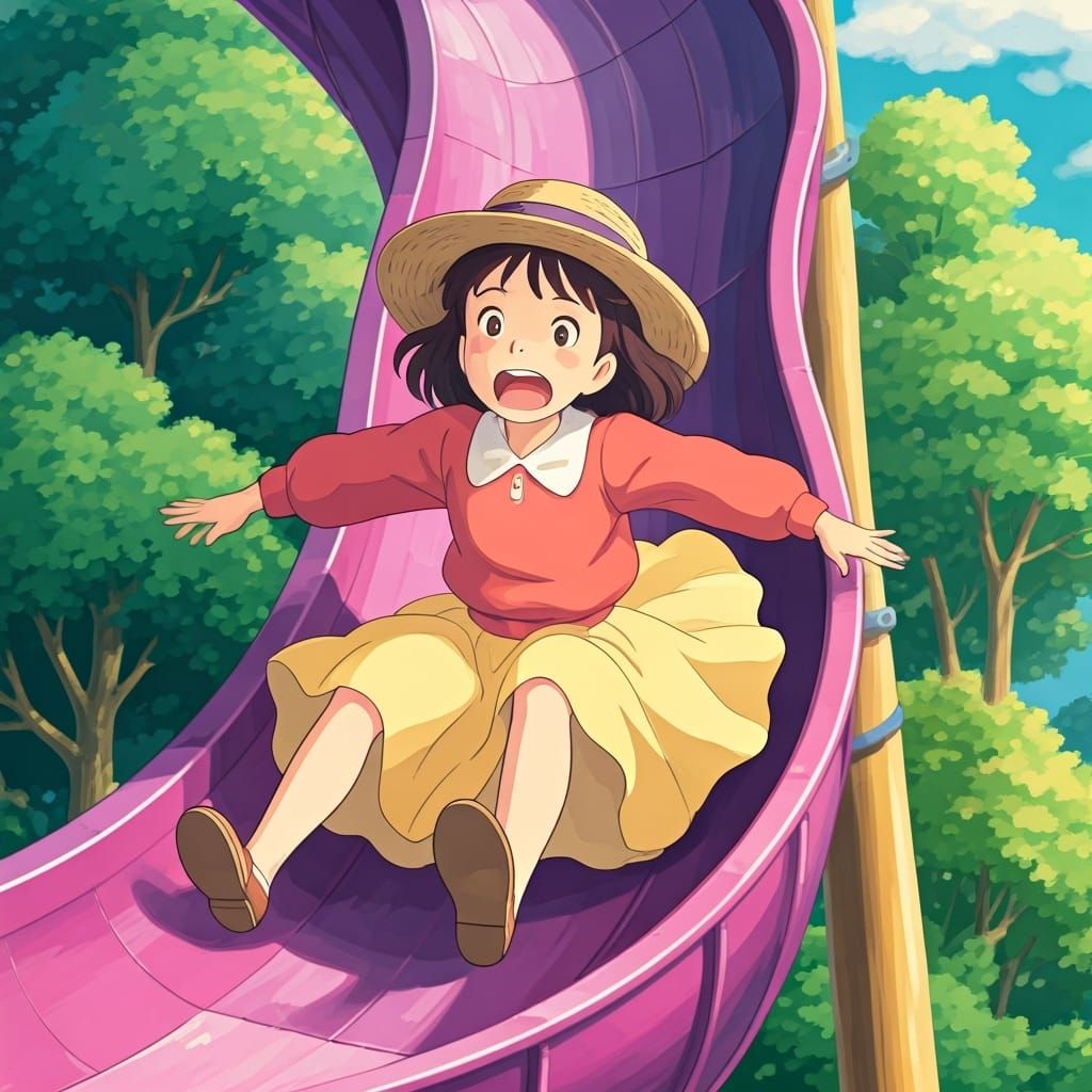 Girl Slides Down Spiral Slide in Ghibli Style