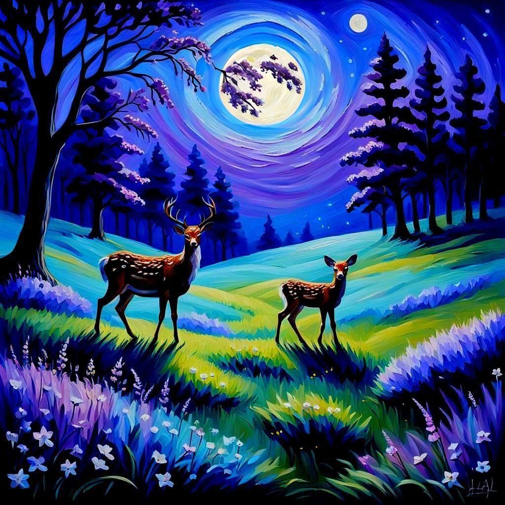 Moonlit Meadow: Impressionist Painting of Deer and Faun