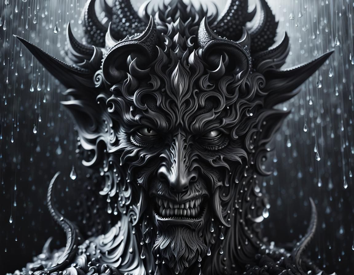 Detailed Demon Head in Black and White Woodcut