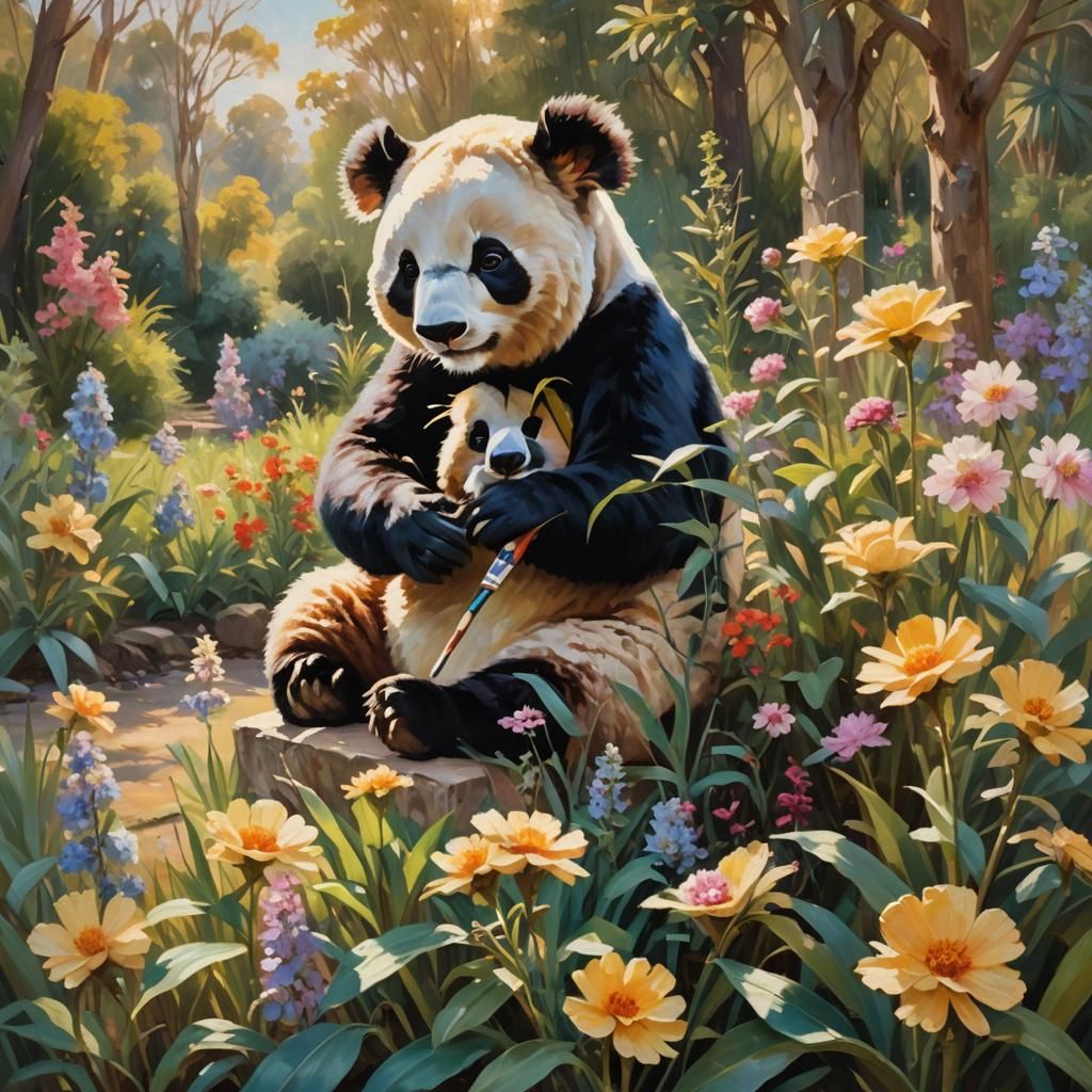 Panda Paints Koala in Impressionist Flower Garden