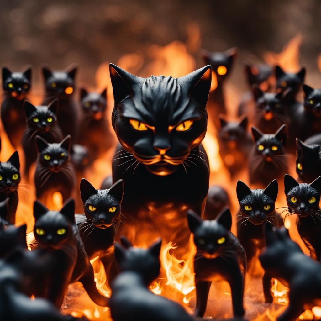 Fearsome Obsidian Cat Statue with Ember Eyes