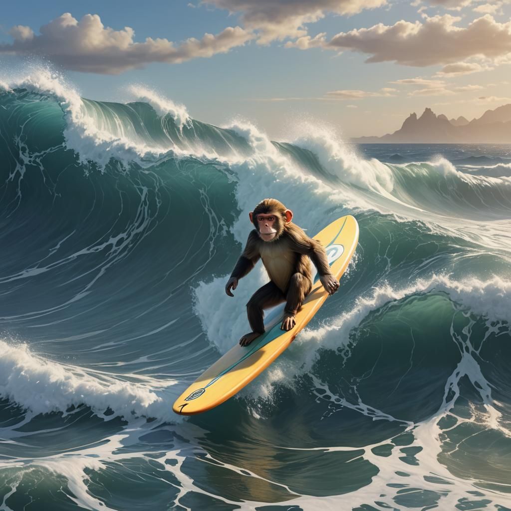 A monkey surfing on a surfboard on the ocean with big waves.