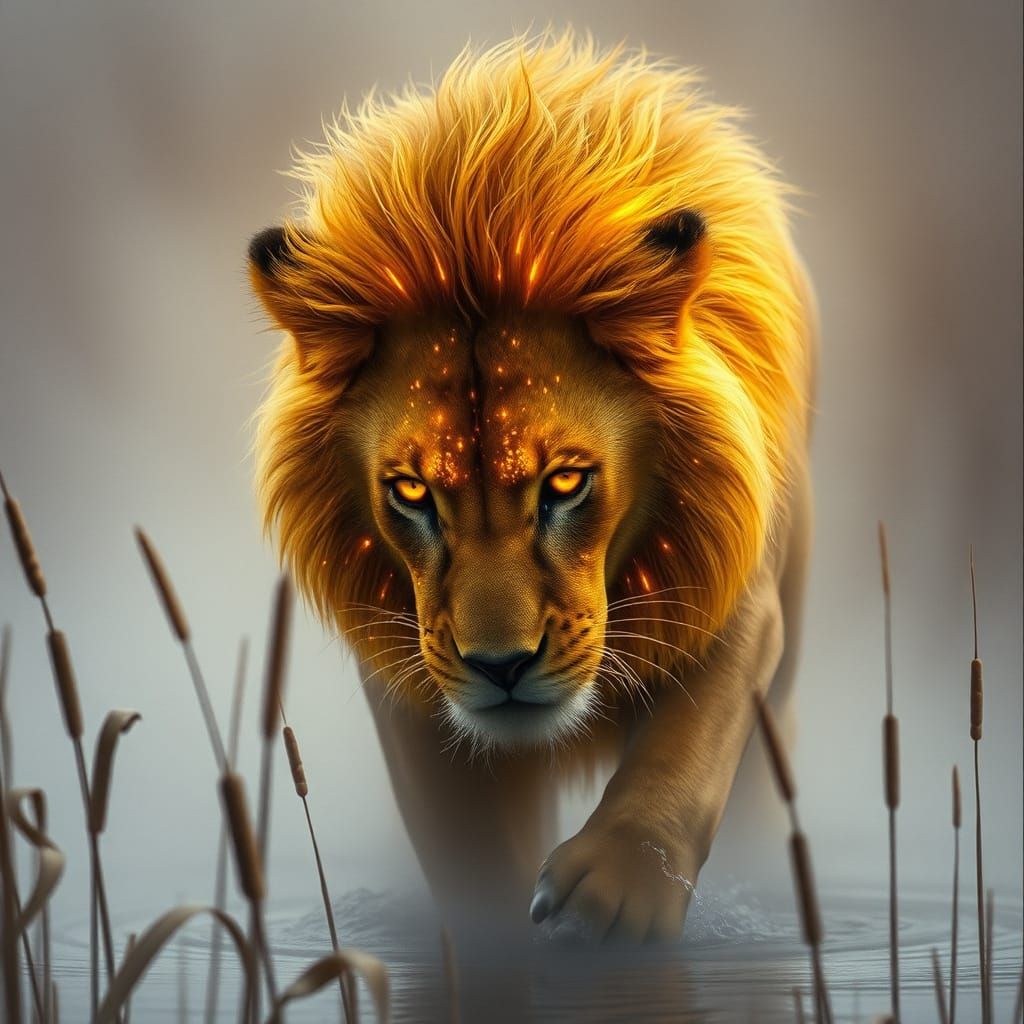 Majestic Cyberpunk Lion, Golden Mane Radiant with Solar Flar...