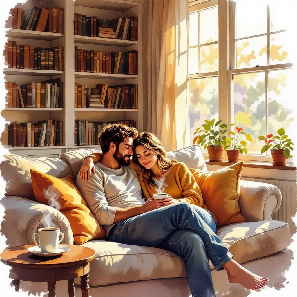 Cozy Living Room With Couple in Golden Hour Light