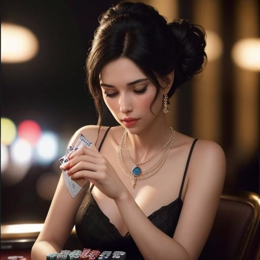 Brunette at Casino Card Table, Hyperrealistic Color Portrait