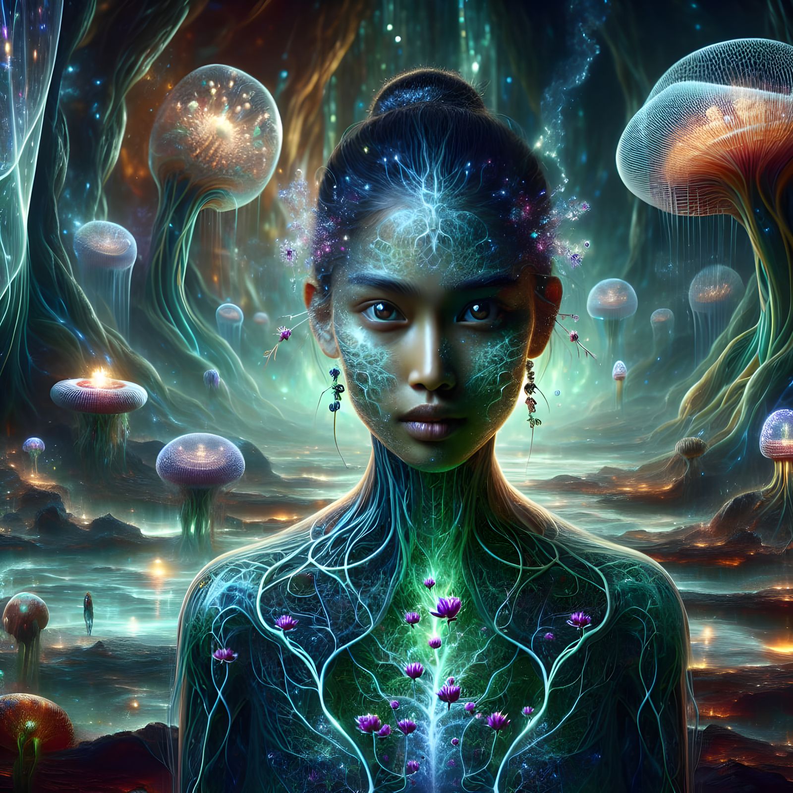 Ethereal Woman in Surreal Bioluminescent Landscape