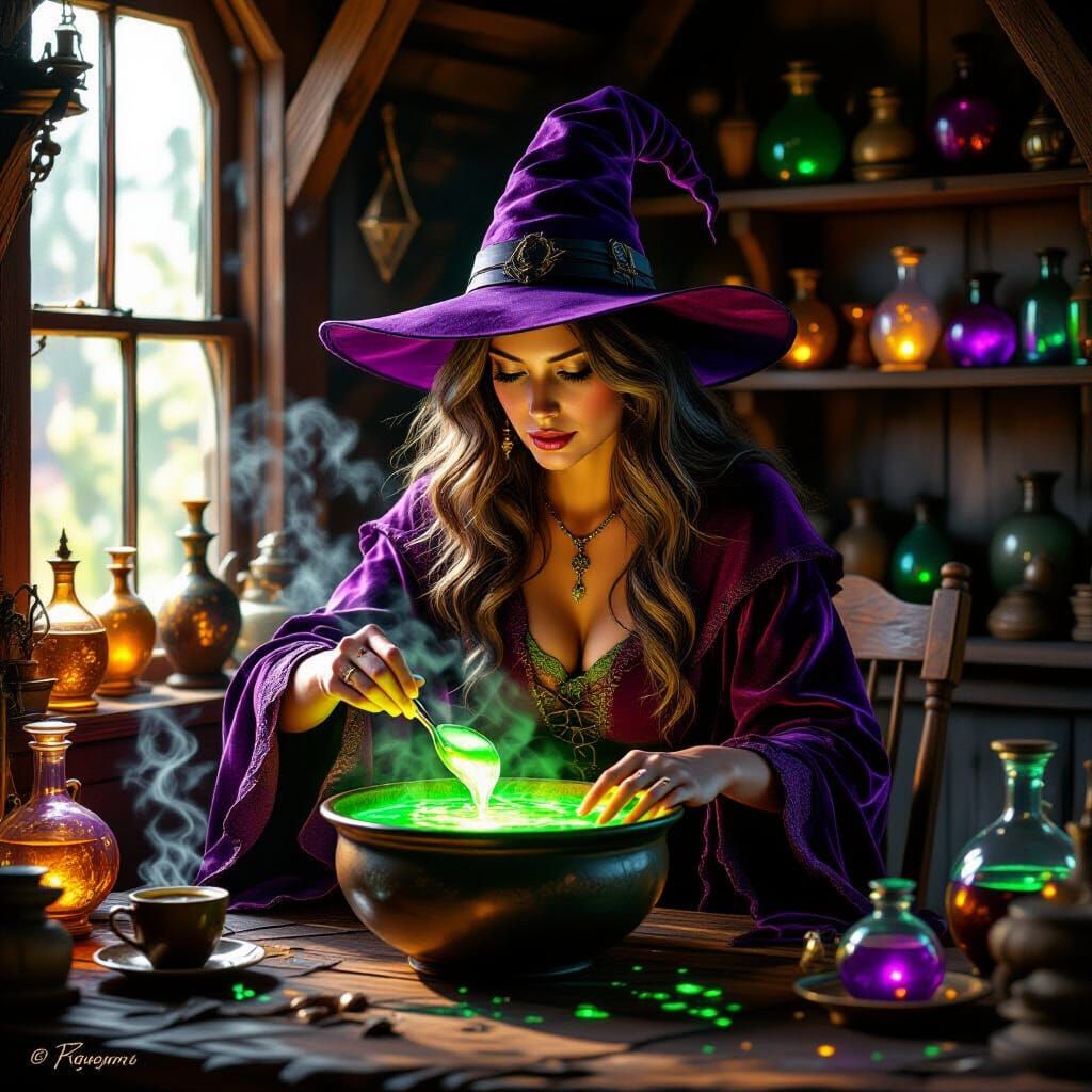 Witch Stirring Glowing Potion in Ramshackle House