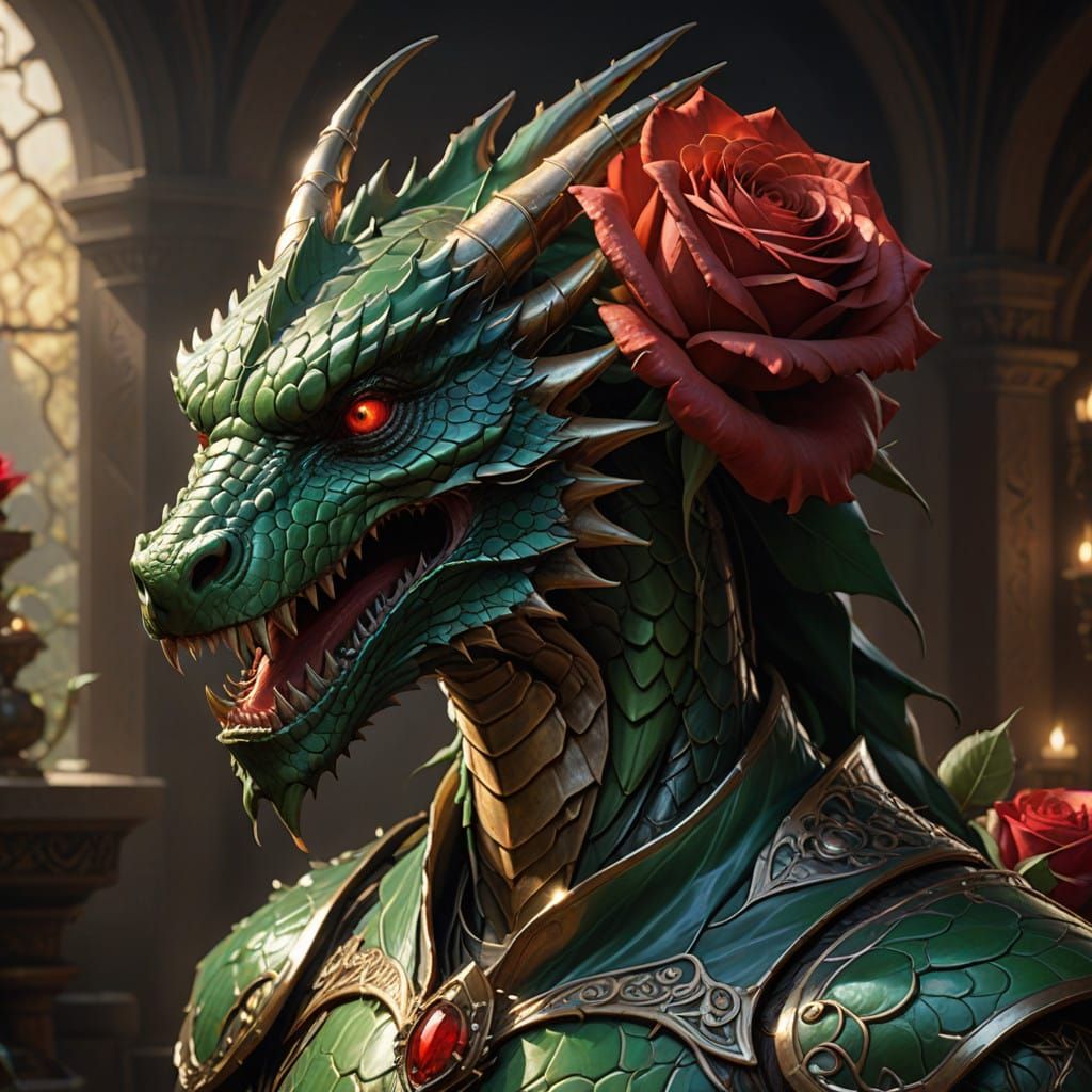 Regal Dragon with a Red Rose Piercing its Forehead