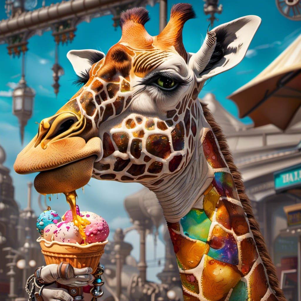 Steampunk Giraffe and Ice Cream in Hyperrealistic Style