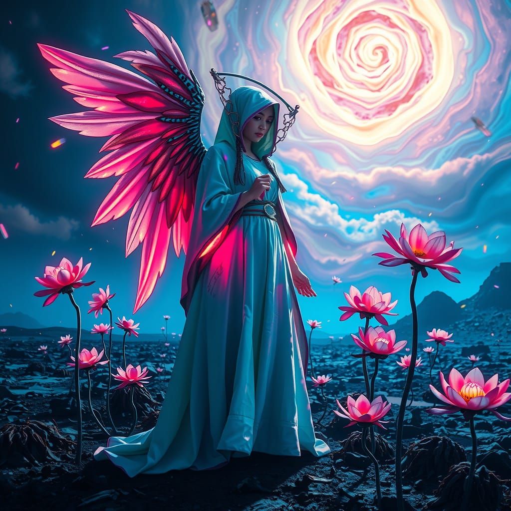 Angel of despair; glowing, bioluminescent, cyberpunk, Post-a...