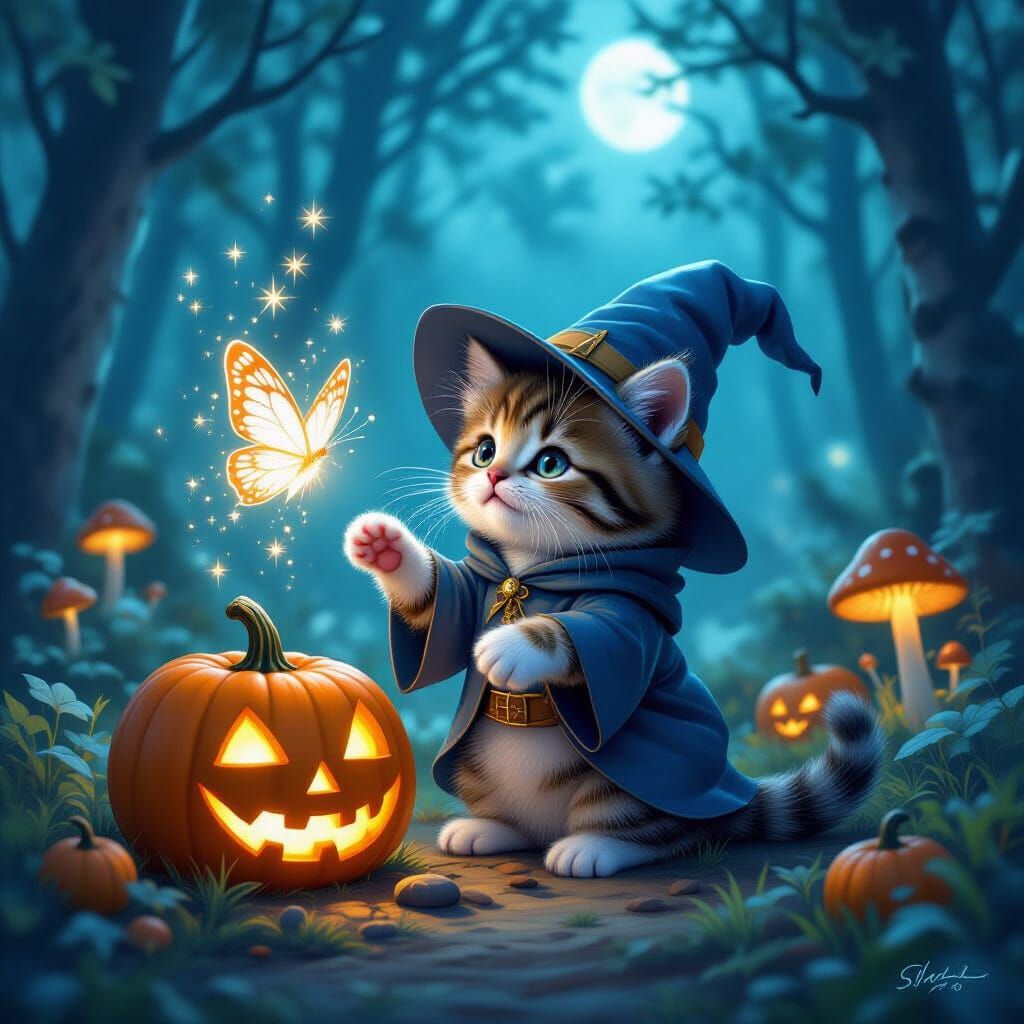 Kitten Wizard Conjures Butterfly from Enchanted Pumpkins