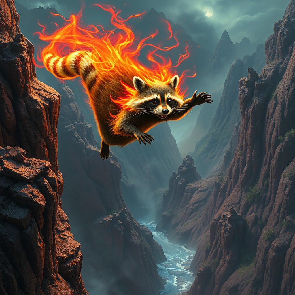 Fiery Raccoon Leaps into Mystical Realm
