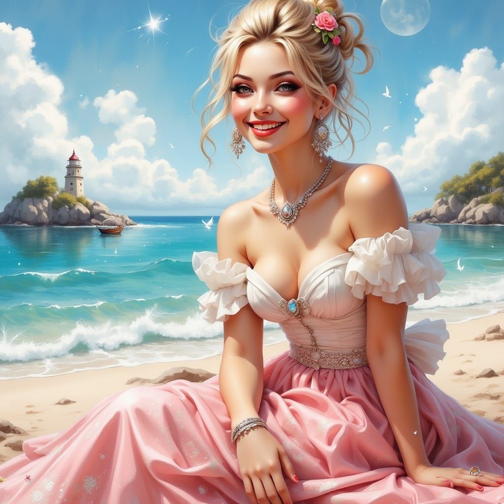 Oriental Girl on Beach in Textured Digital Art