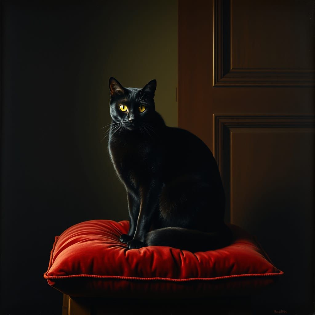 Regal Black Cat in Dimly Lit Chamber, Chiaroscuro Style