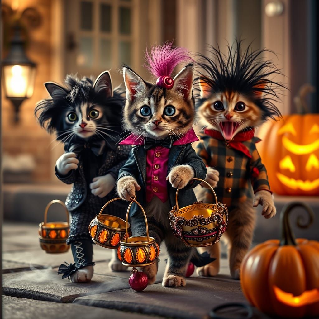 Cats in Rocky Horror Costumes Trick-or-Treating