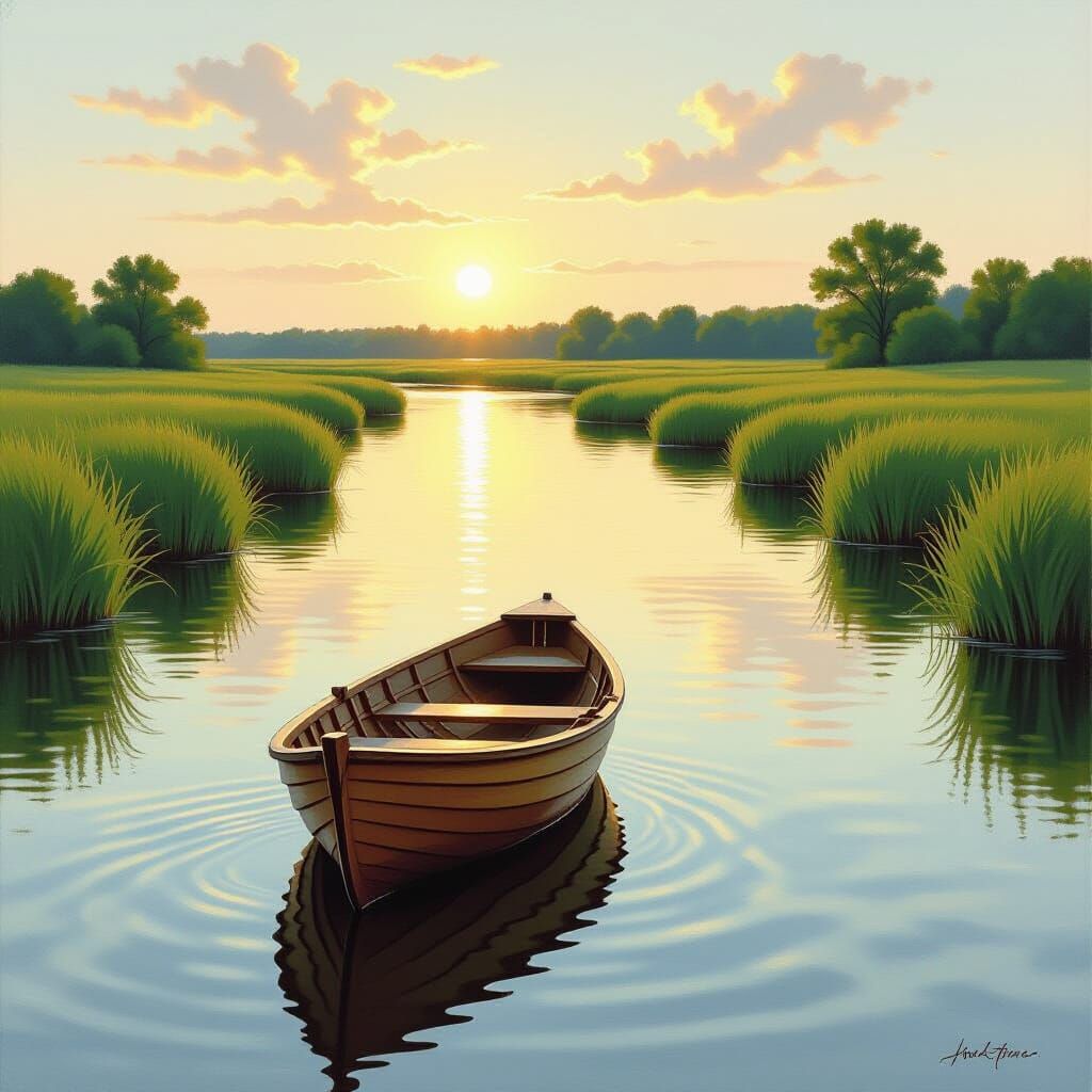 Peaceful River Journey: Wooden Boat Amidst Tall Grass