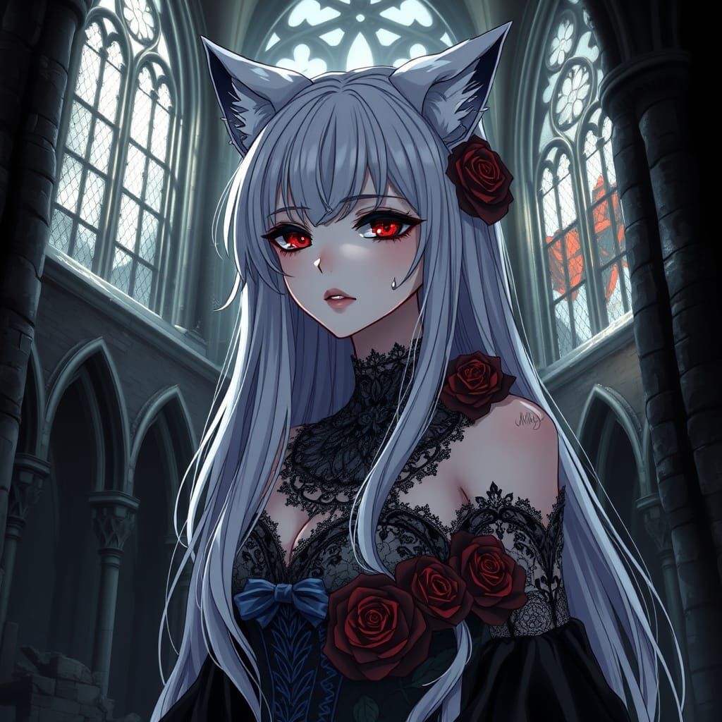 Gothic Vampire Bride with Wolf Ears in Anime Style