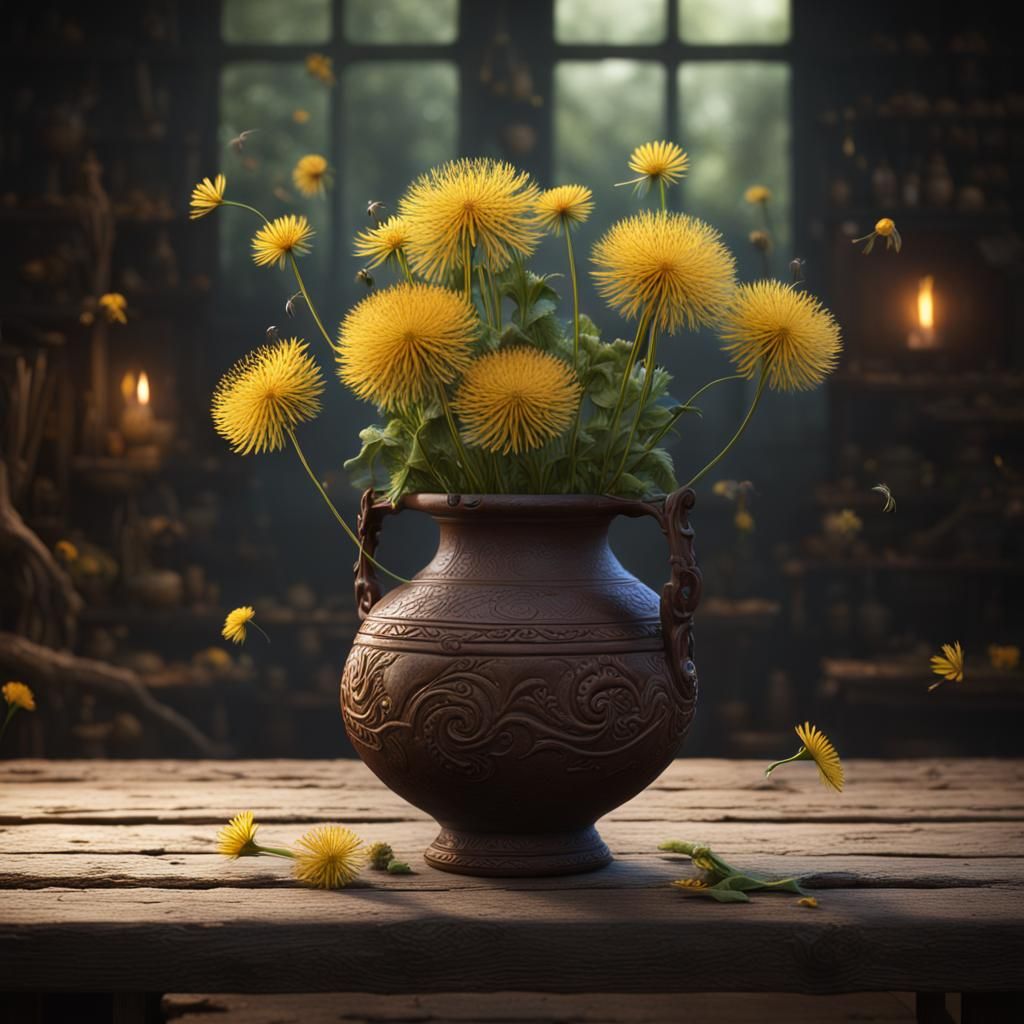 Dandelions in Vase: Detailed Matte Painting