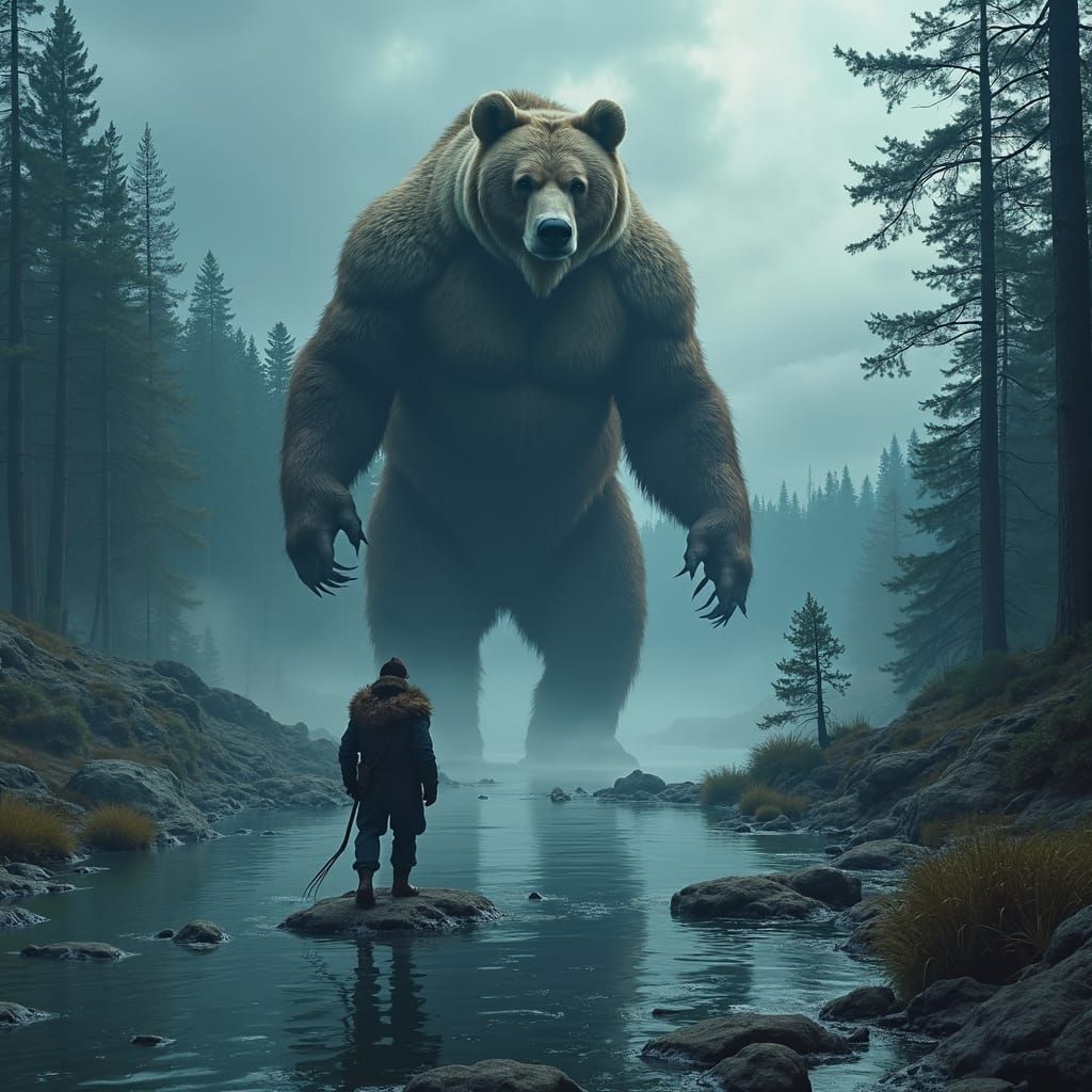 Viking and Grizzly Bear Encounter in Forest Valley