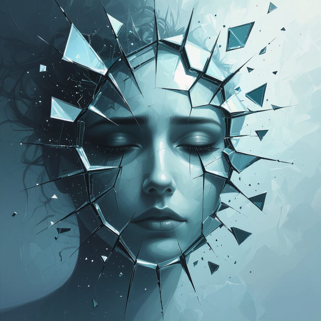 Cracked Mirror Reflects Melancholy Face in Surreal Digital A...