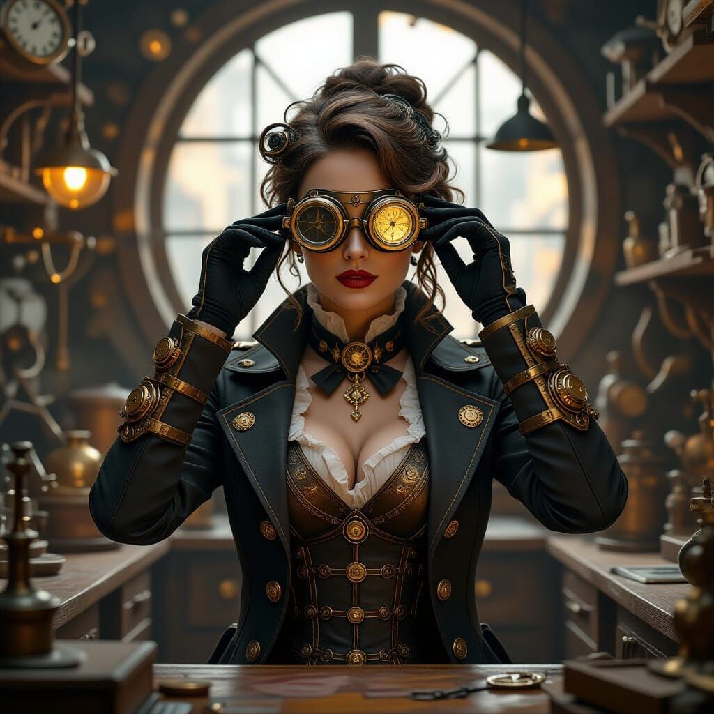 Steampunk Inventor in Alphonse Mucha Style