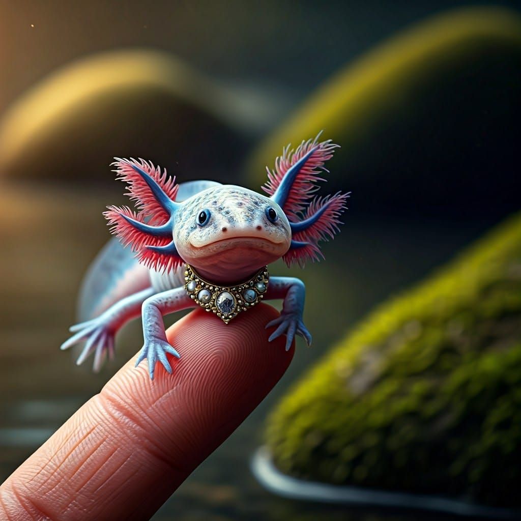 Surreal Macro Photography of a Tiny Axolotl in a Serene Cree...