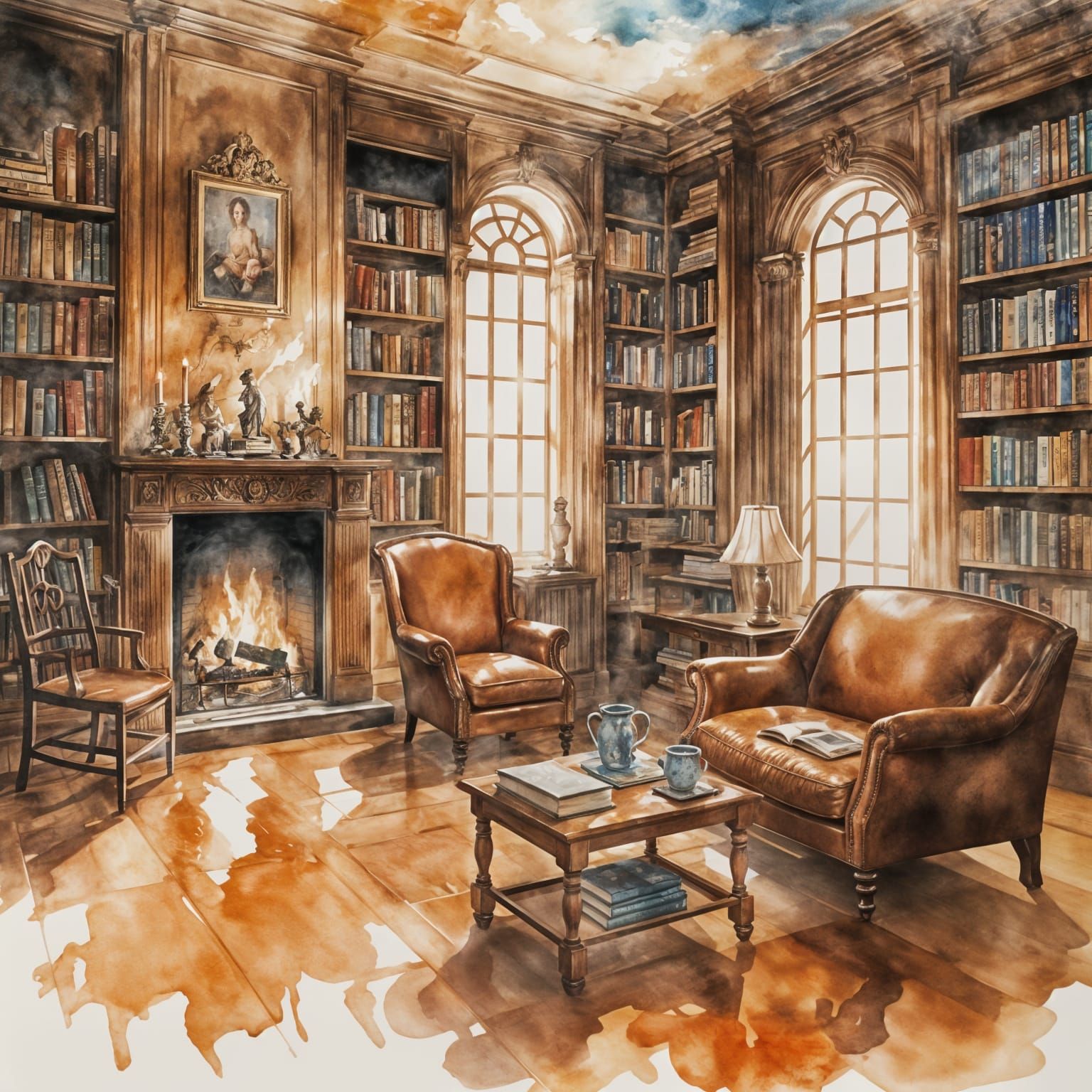 Cozy Library Alcove with Fireplace in Watercolor Style
