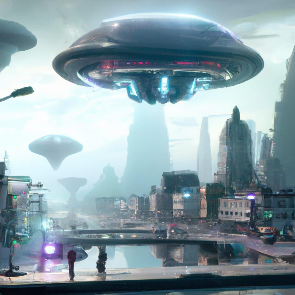 Futuristic City Under UFO, Ultra Realistic Lighting