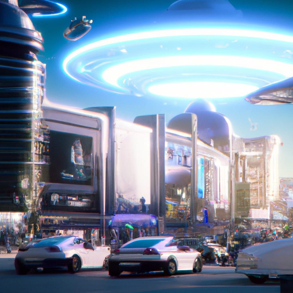 Futuristic Cityscape with UFO in Ultra-Realistic Style