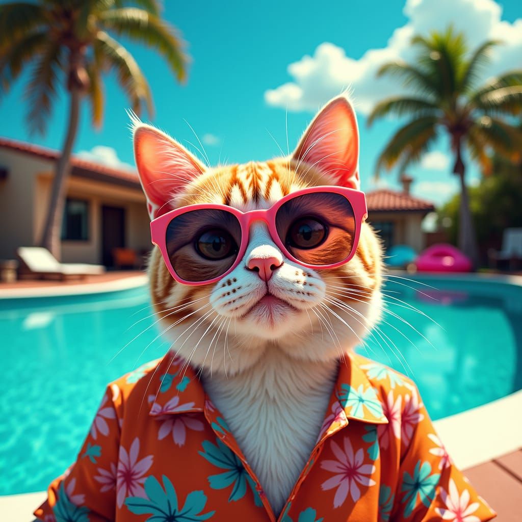 Cat in Sunglasses: A Hockney-esque Poolside Scene