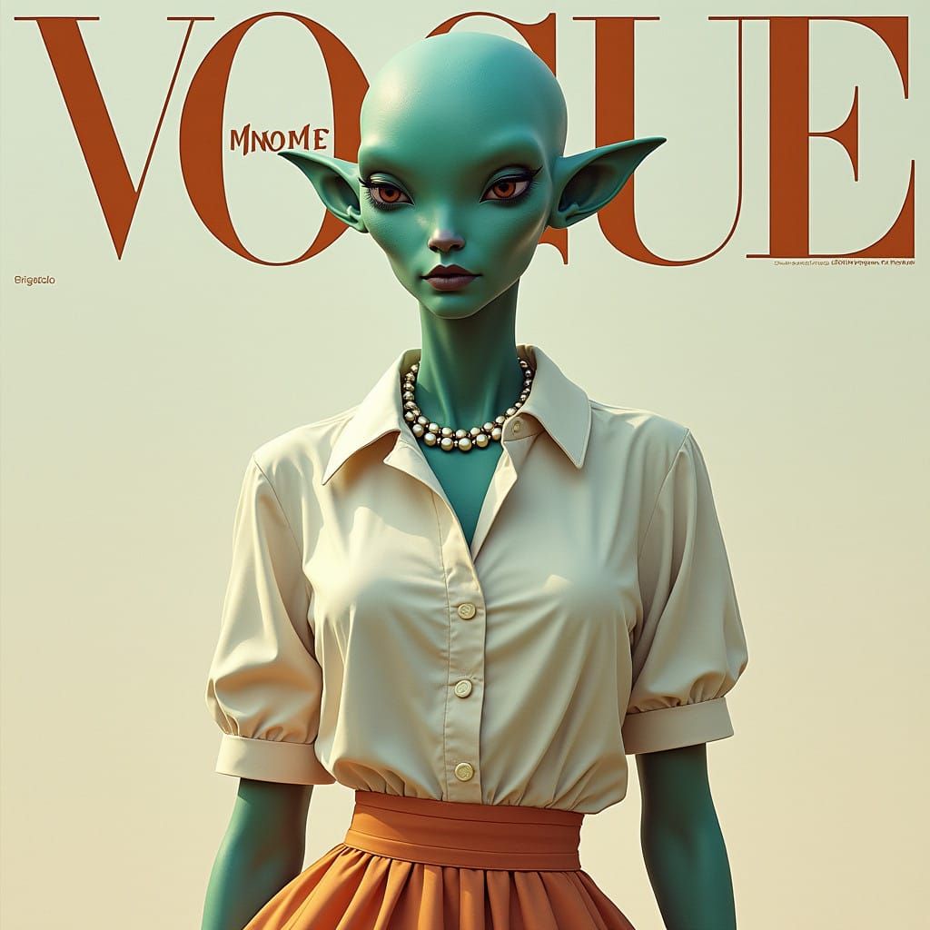 Ethereal Alien Vogue Cover Girl in 1950s Futuristic Ensemble
