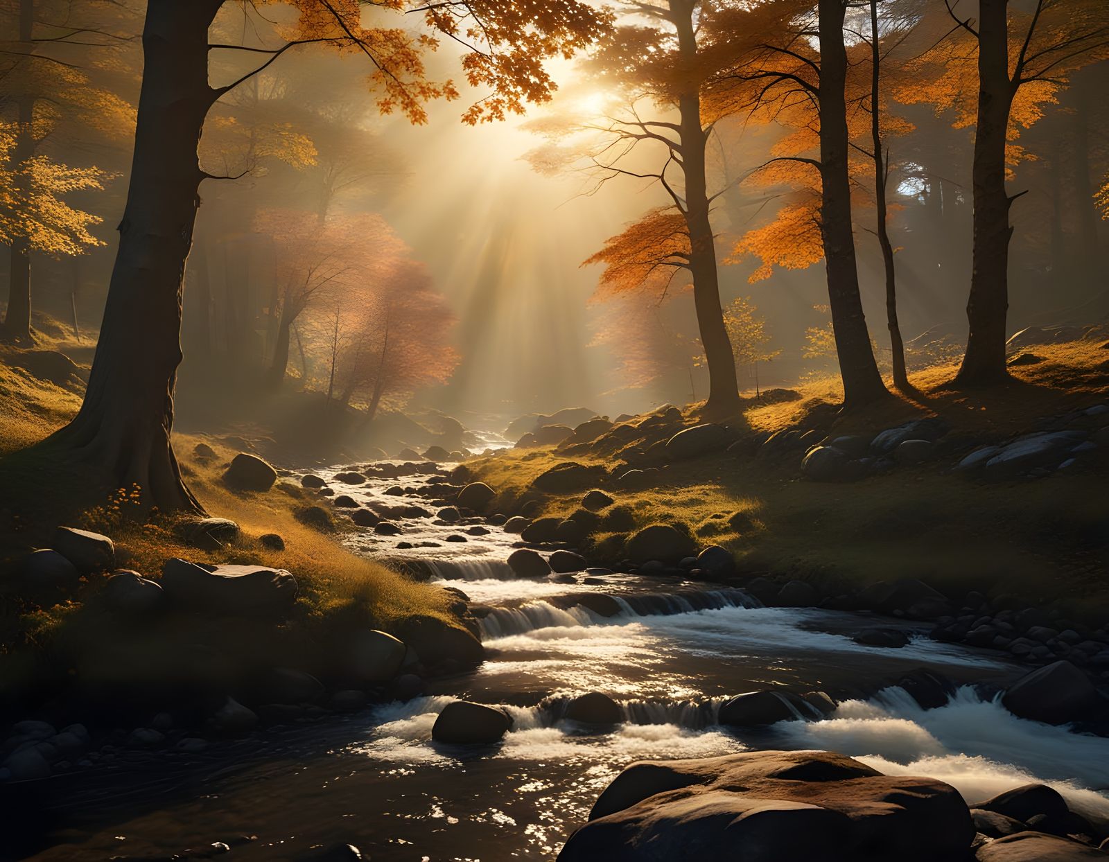 Norse Valley Autumn Landscape with Crepuscular Rays