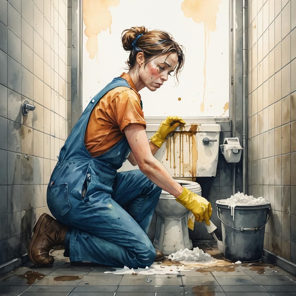 Weary Janitor Cleans Filthy Toilet in Public Restroom