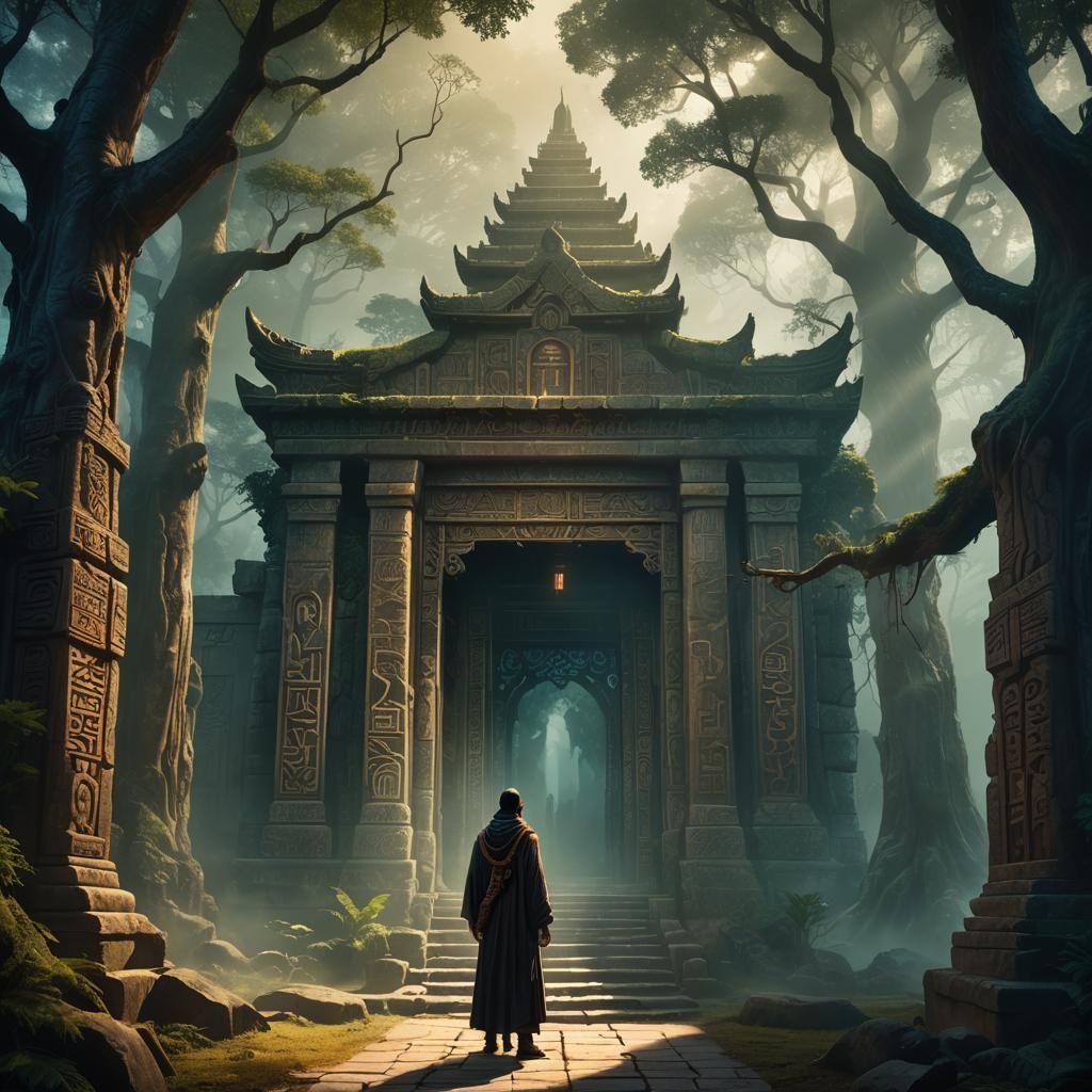 Mysterious Figure at Enchanted Temple Entrance