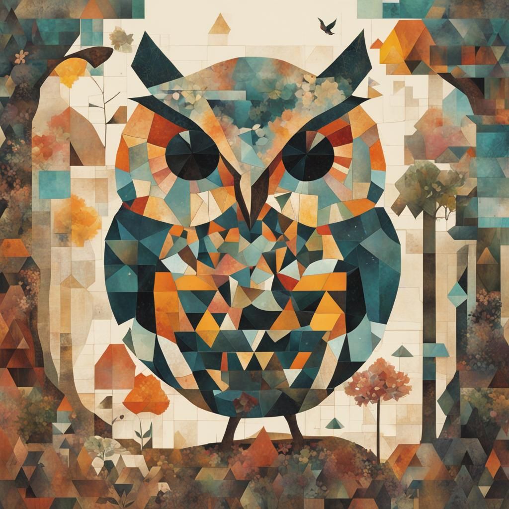 Mosaic Owl in Cubist Double Exposure Collage