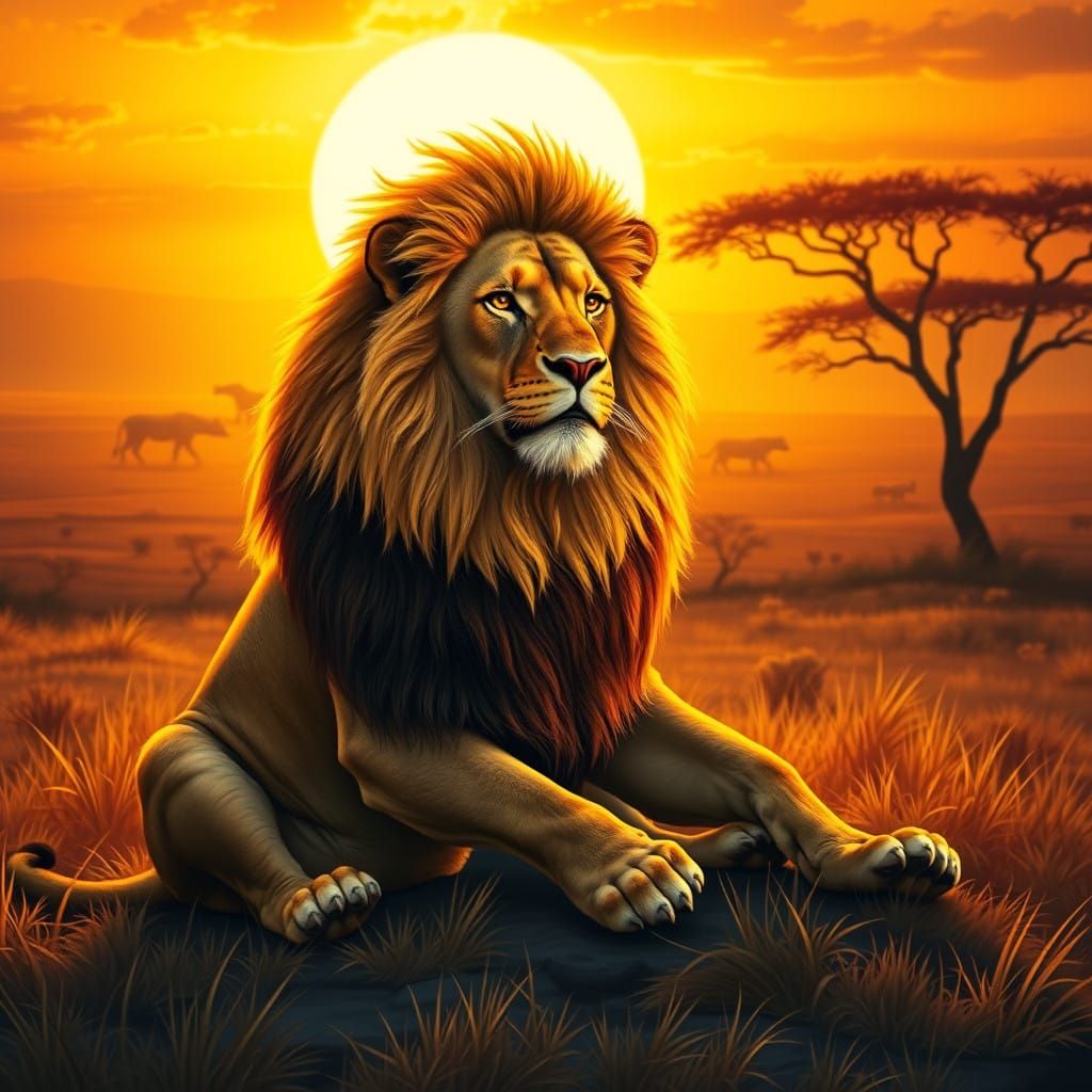 Regal Lion in Majestic Sunset Landscape