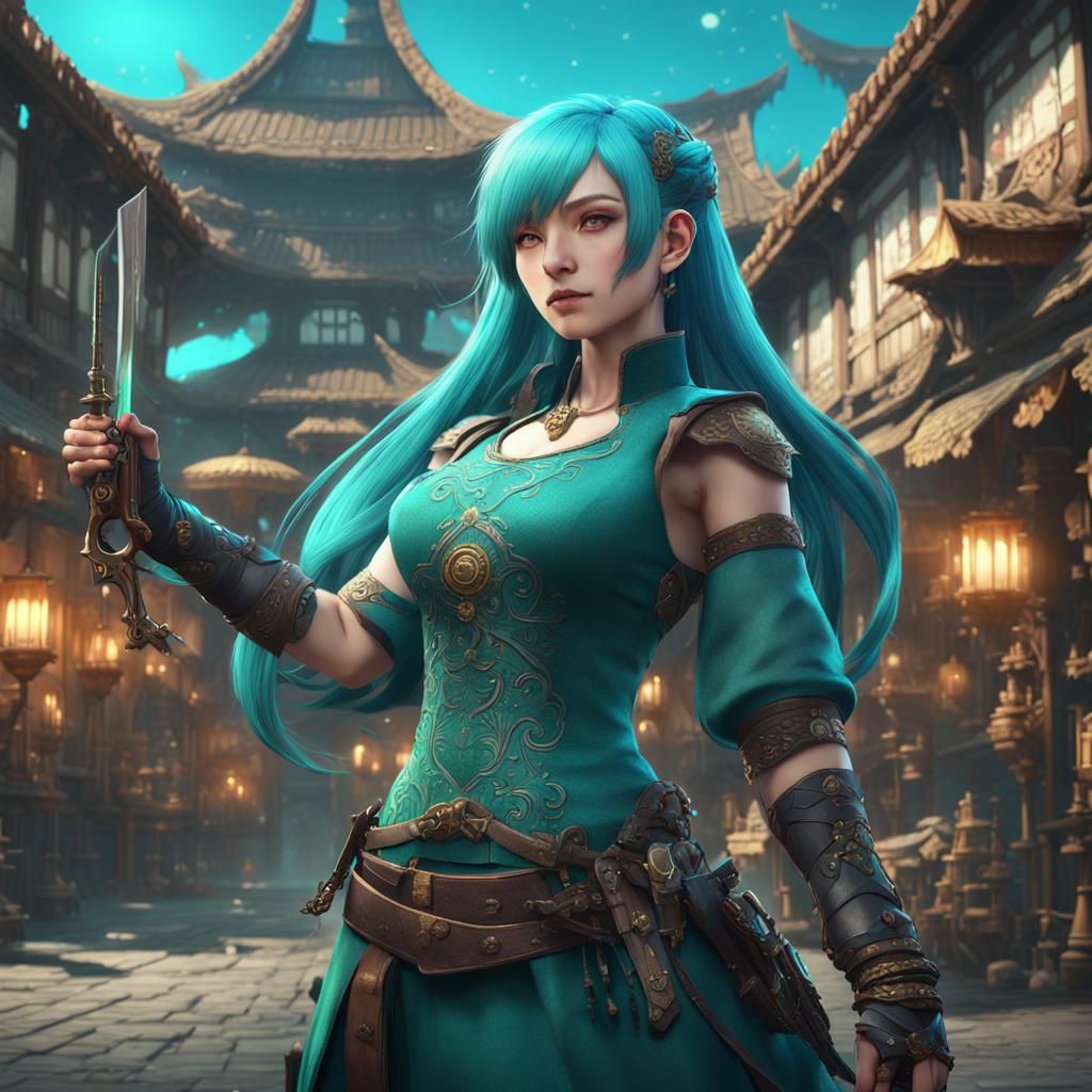 Anime Fantasy Weapons Merchant with Teal Hair