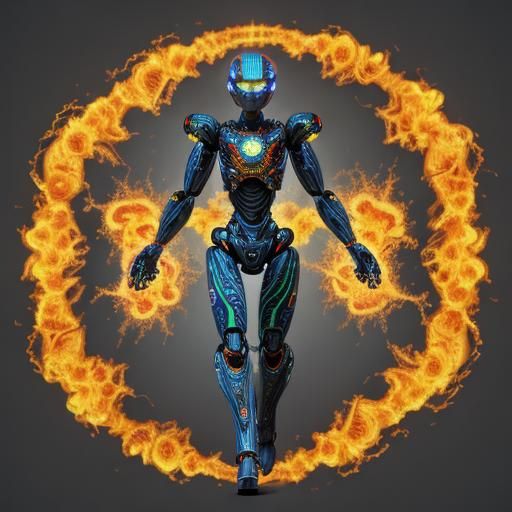 Humanoid Robot Wielding Flamethrower in Abstract Style