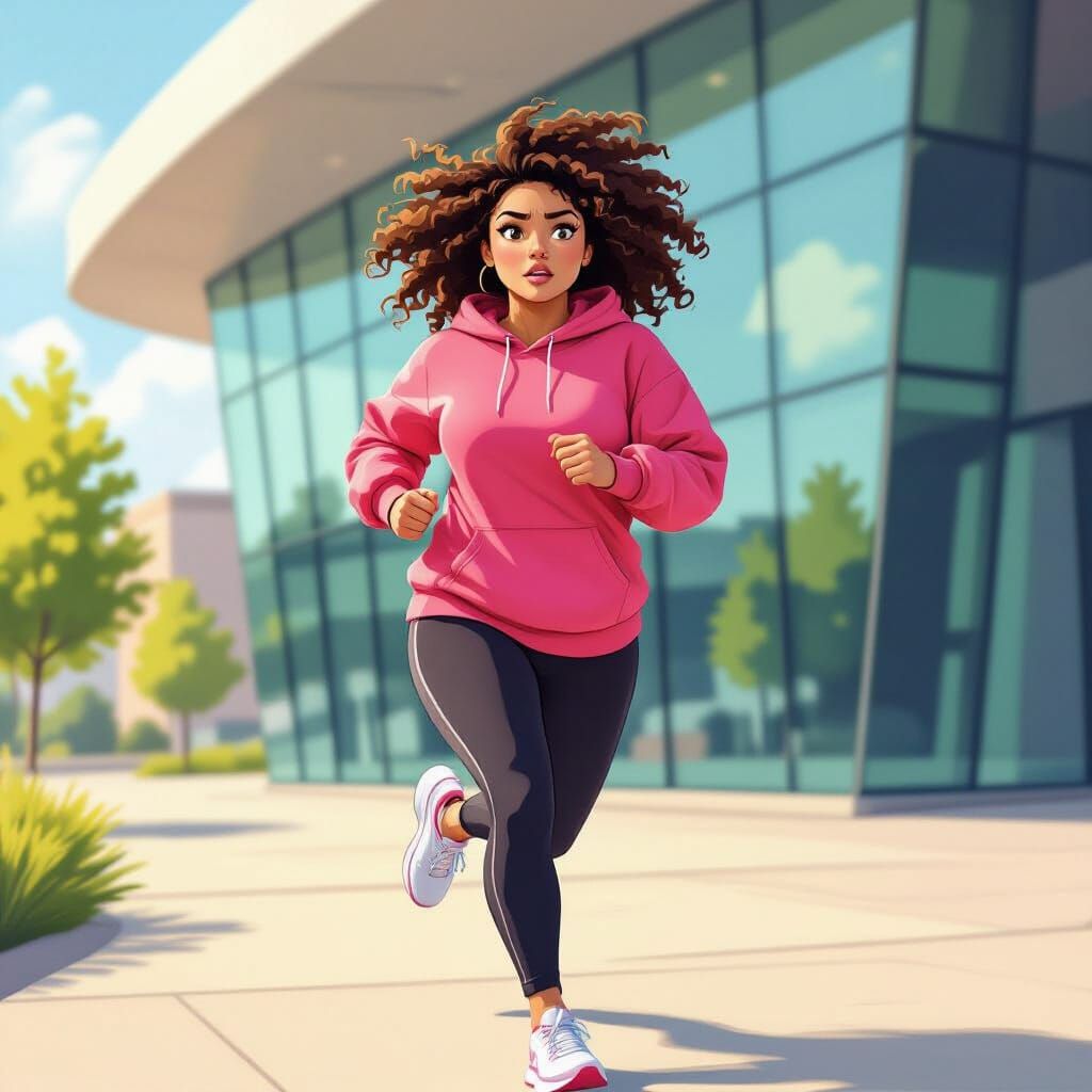 Woman Running from Gym: Vibrant Digital Illustration