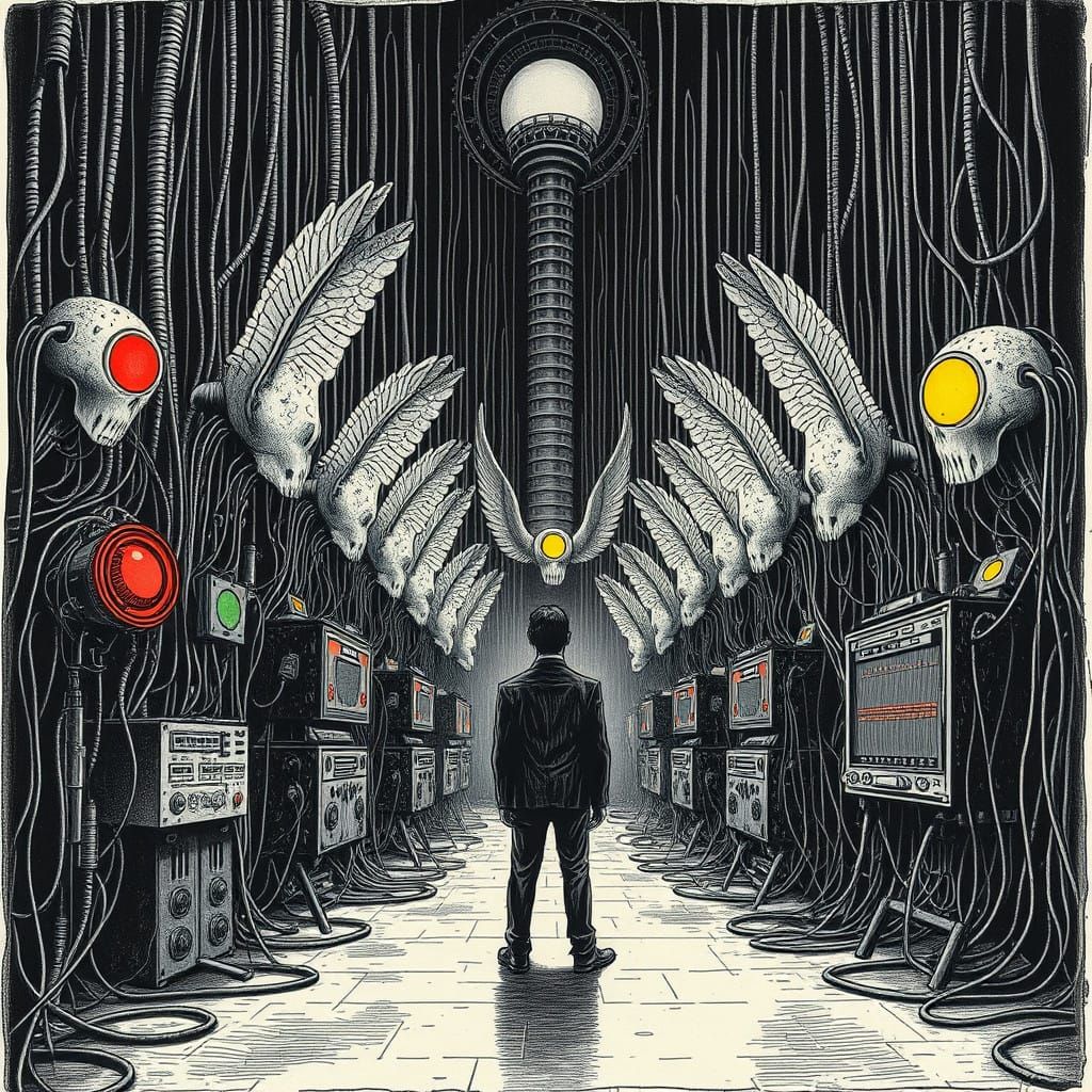 Ethereal Machinery Convergence in Darkened Russian Brutalist...