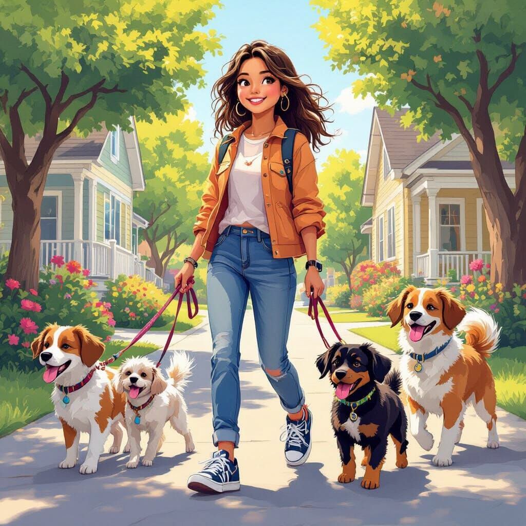 Girl Walking Dogs in Sunny Suburb, Vibrant Art