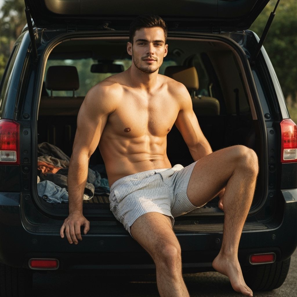 Athletic Man Relaxing on SUV Tailgate in Golden Hour Sunligh...