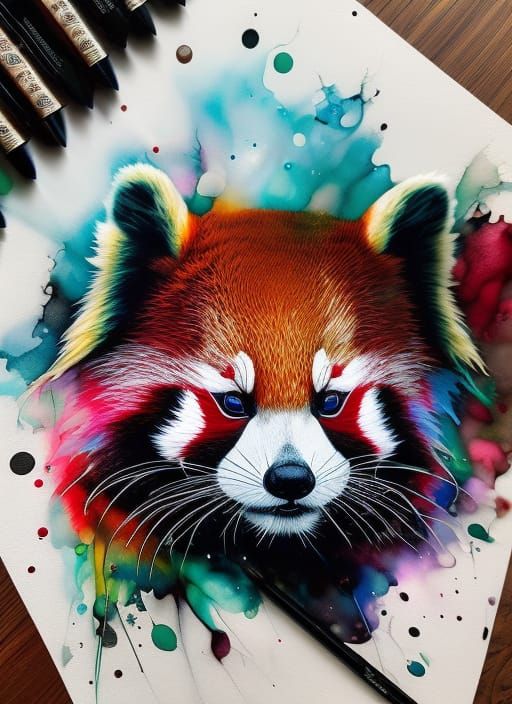 Colorful Red Panda Portrait with Ink Flow Effects