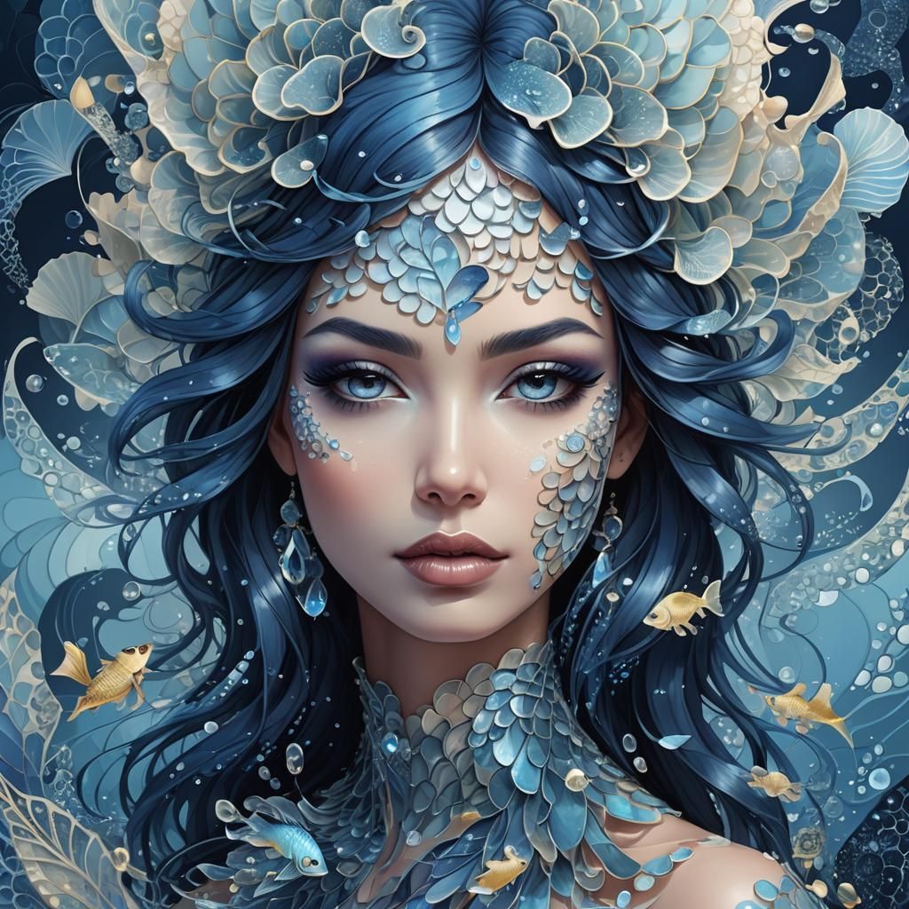 Crystal Girl with Fish Scales and Fractal Art