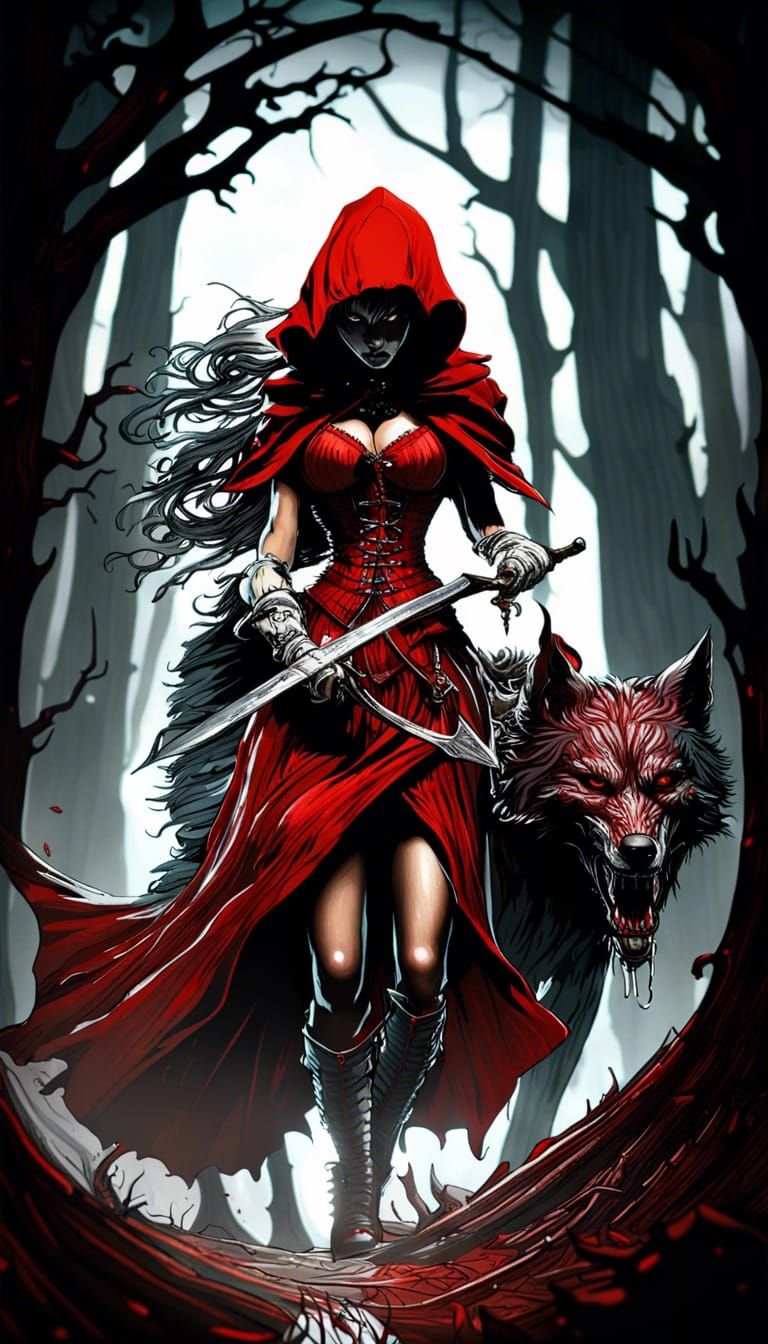 Sinister Red Riding Hood Slaying the Wolf