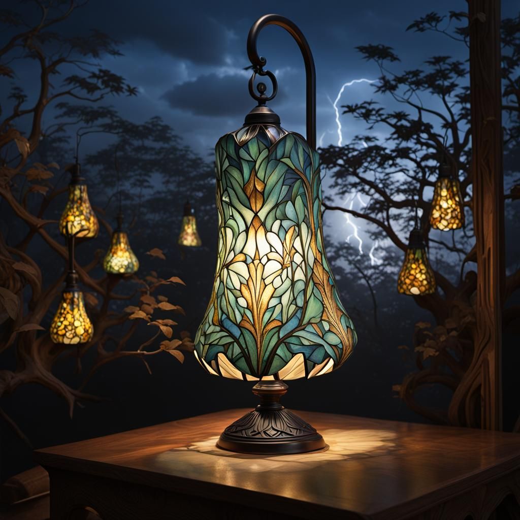 Art Nouveau Lamp Under Starry Lightning Sky